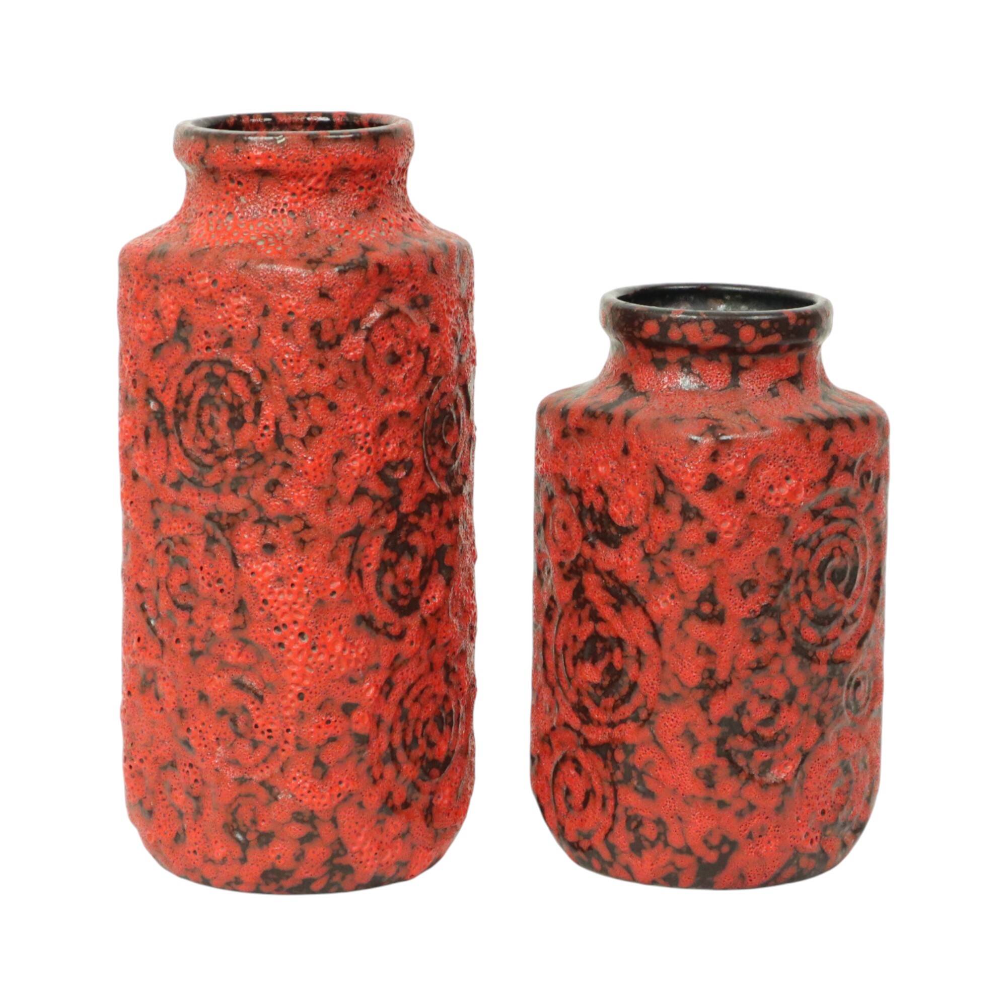 Set of 2 Red Fat Lava Vases Scheurich Jura West Germany