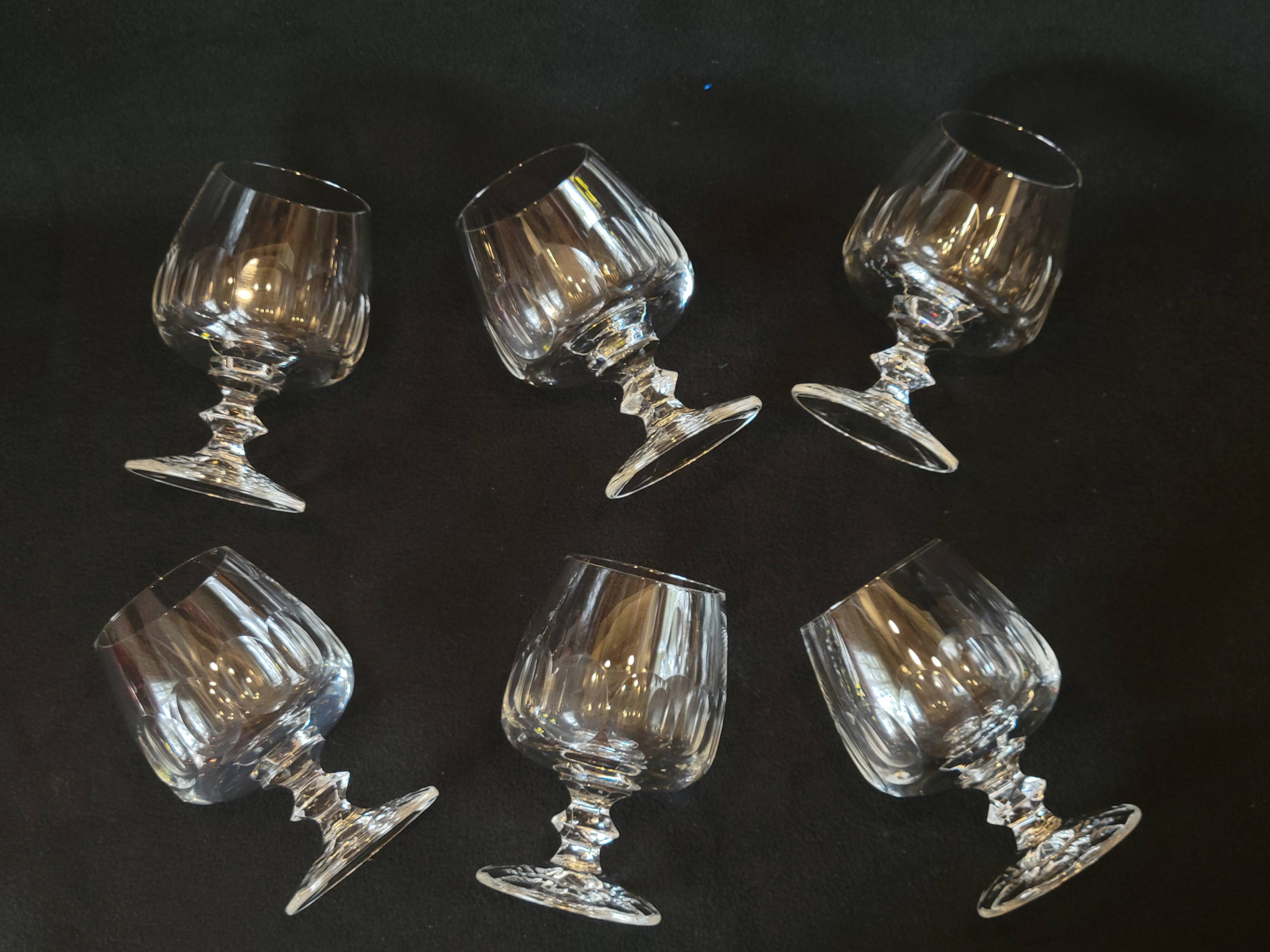 6 cognac glasses in flat cut crystal