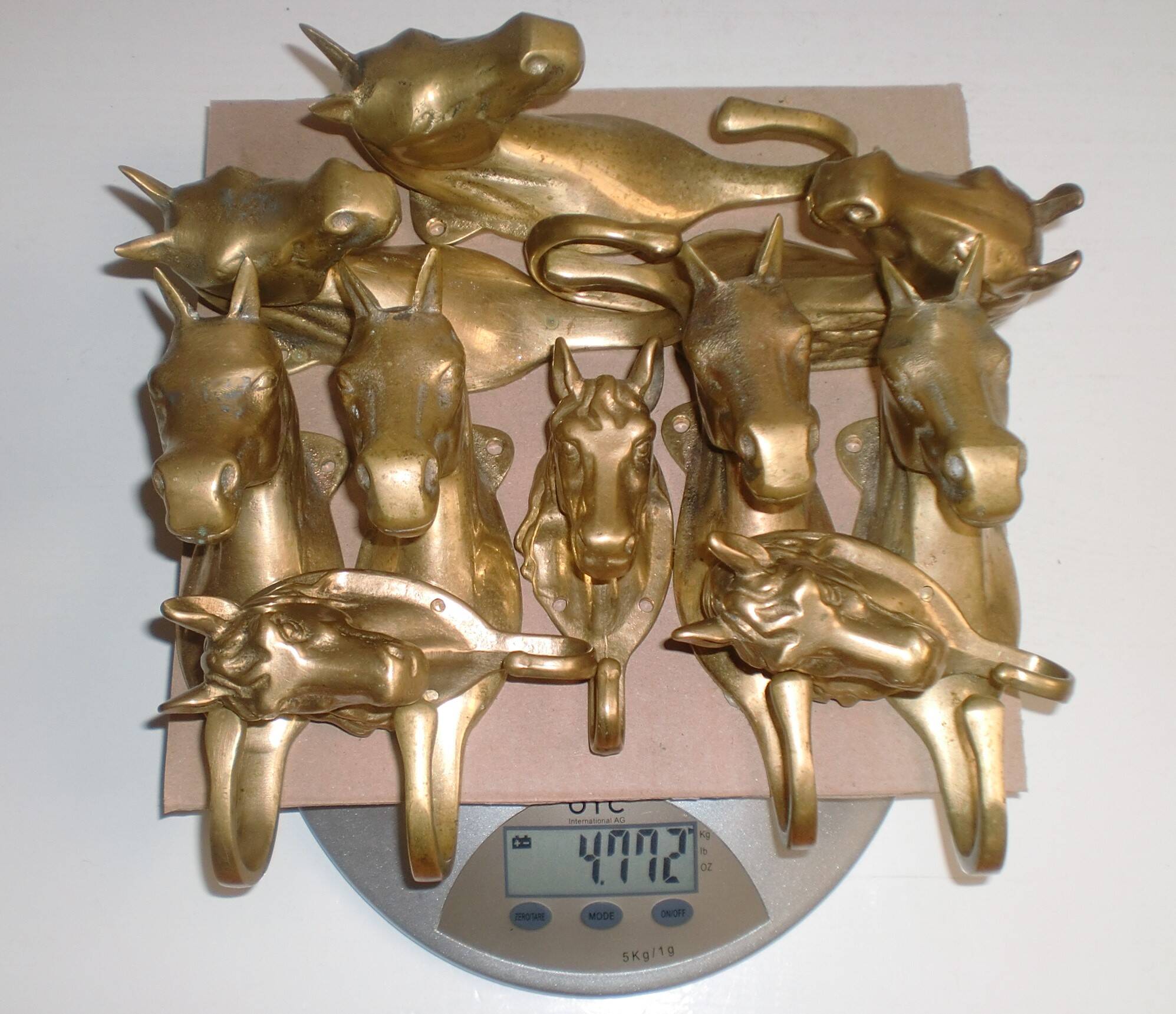 Set of 10 heavy brass horse coat rack wall hooks