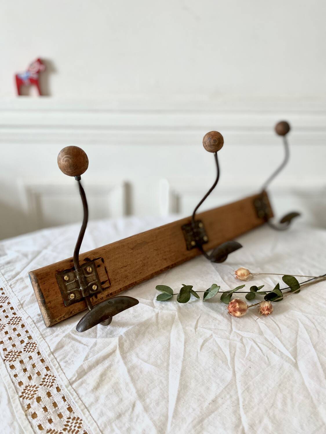 Vintage wood and metal coat hook 3 hooks