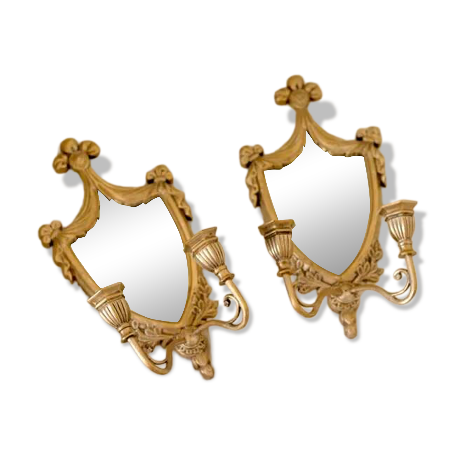 Pair of Vintage Double Arm Italian Brass Sconces with Mirror