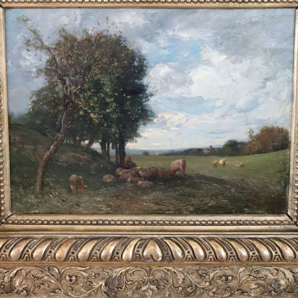 Peinture à l'huile sur panneau, paysage avec un troupeau de moutons, signé V. Bussolino, Italie, 19e siècle