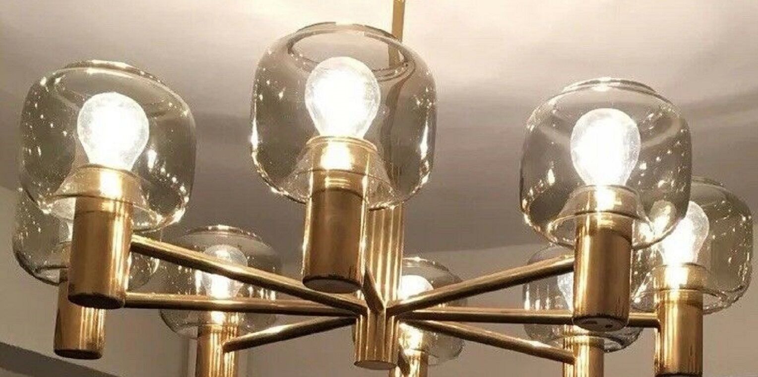 Mid-century 8-arm brass & glass chandelier