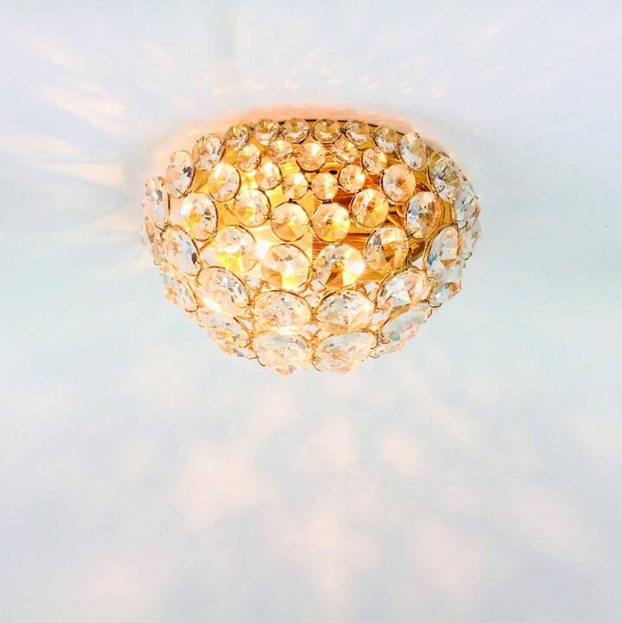 Crystal & gilt brass flush mount from palwa, germany, 1970s