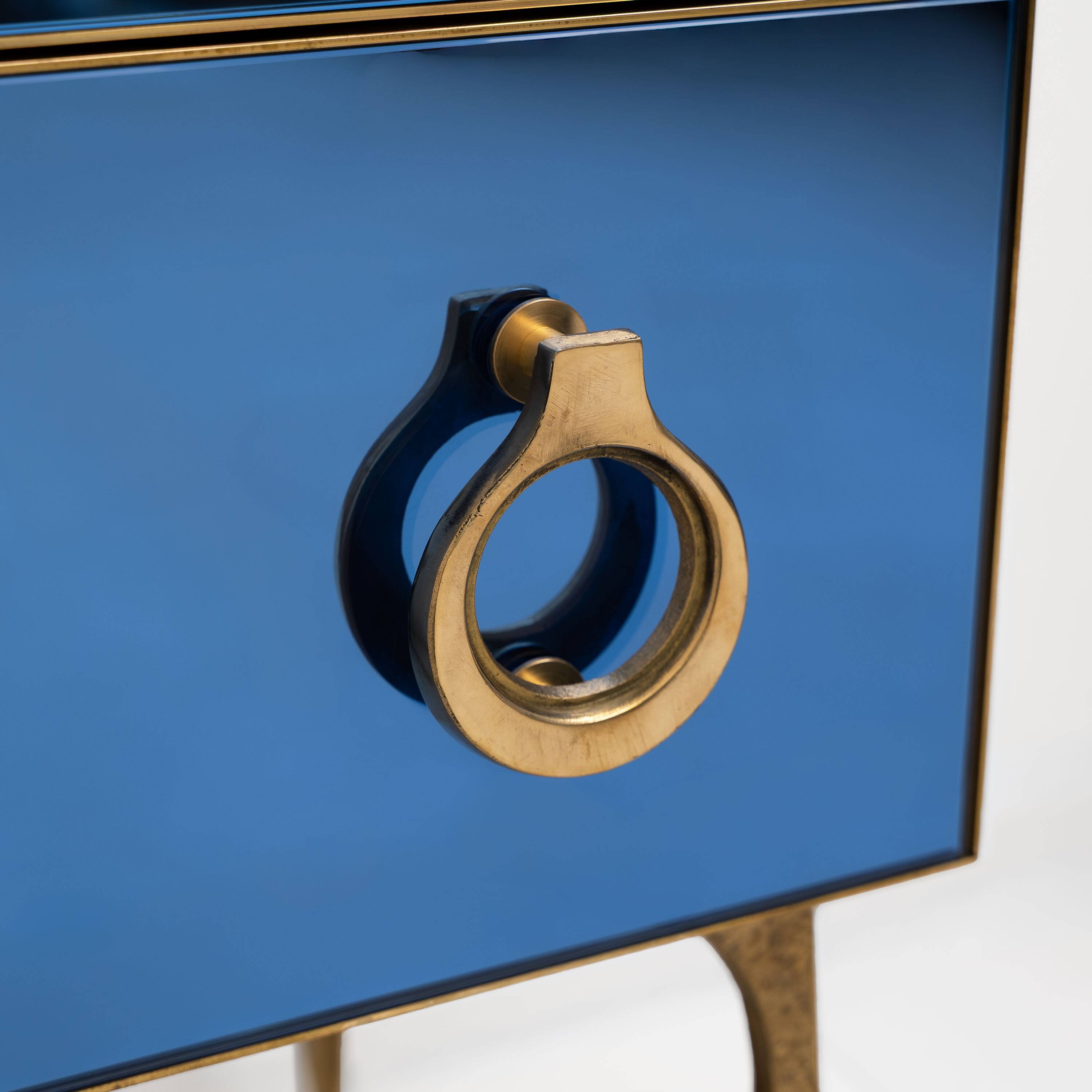 Blue Mirrored Chest of Drawers with Brass Details, Mid-Century Modern Style