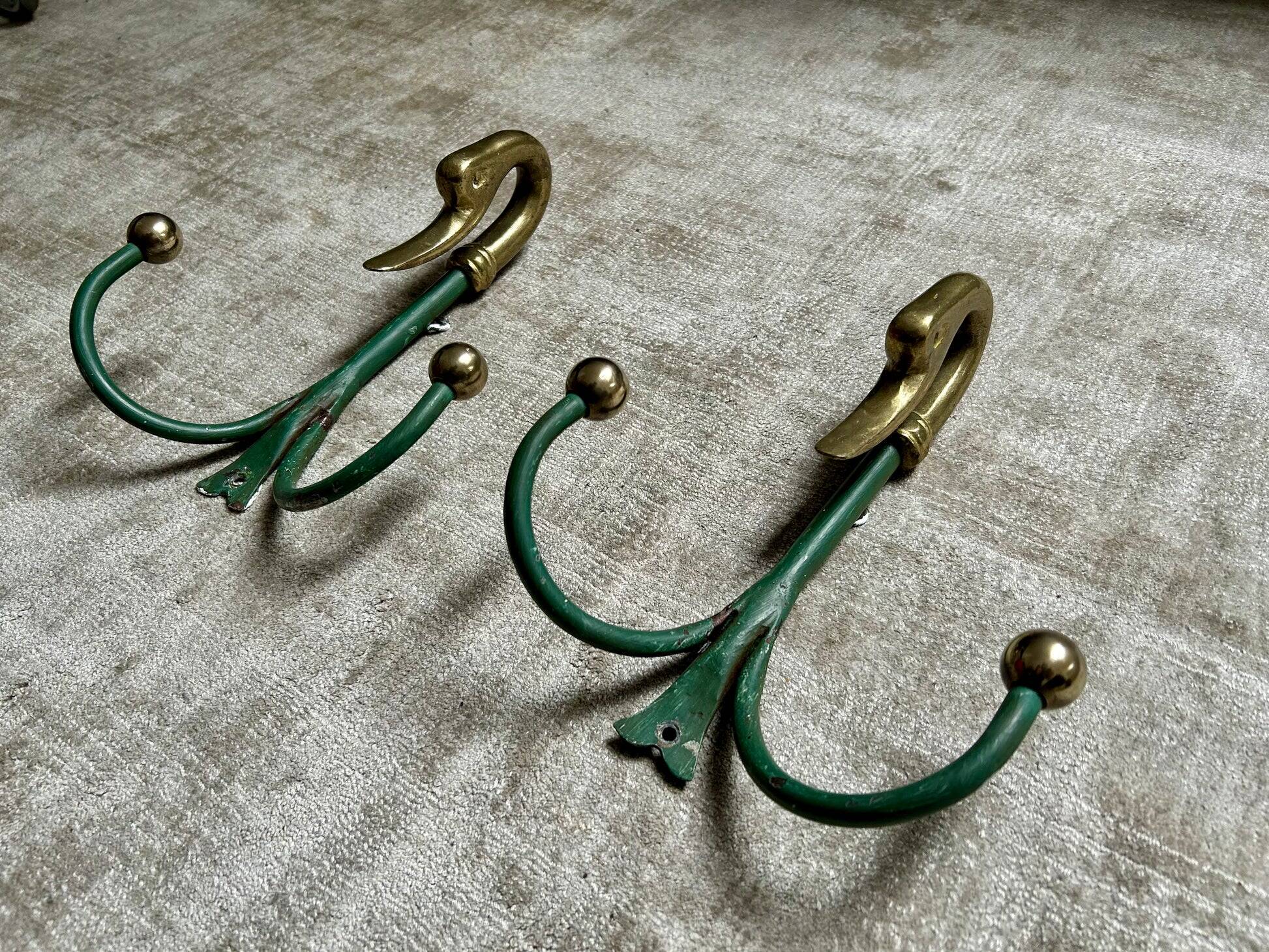 Rare set of swan neck coat hooks with mirror frame attributed to Maison Jansen, France, 1950s.