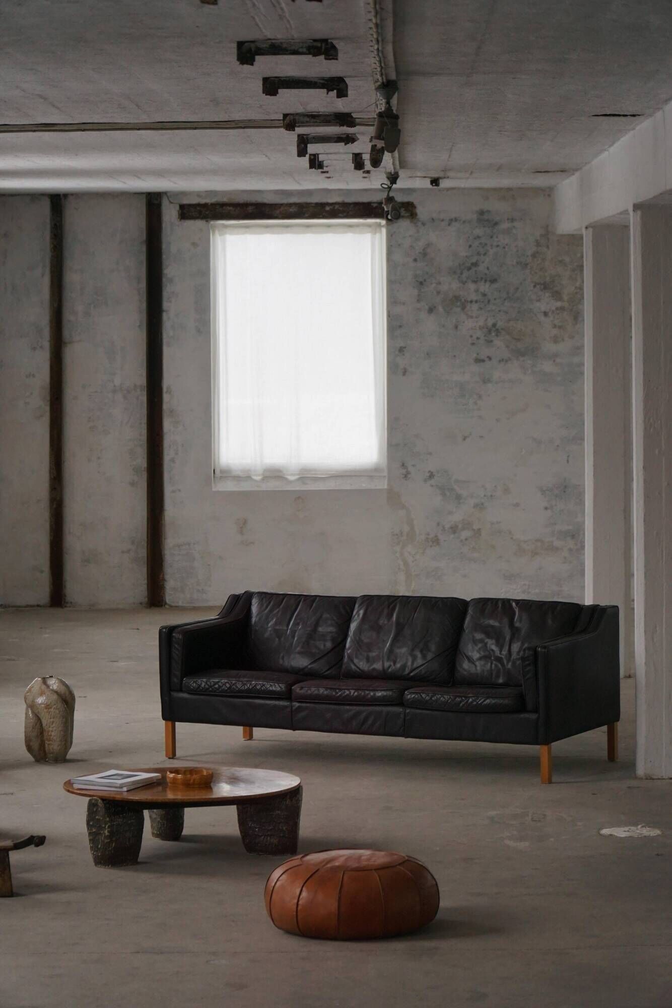 Mogens Hansen, mid-century 3-seater sofa, patinated black leather, 1970s.