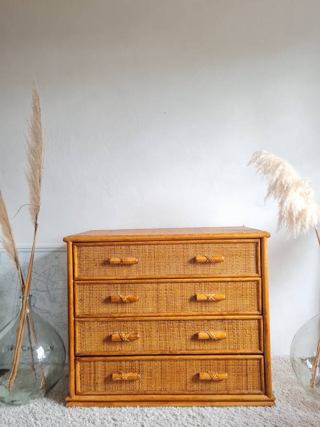 Vintage rattan chest of drawers circa 70s