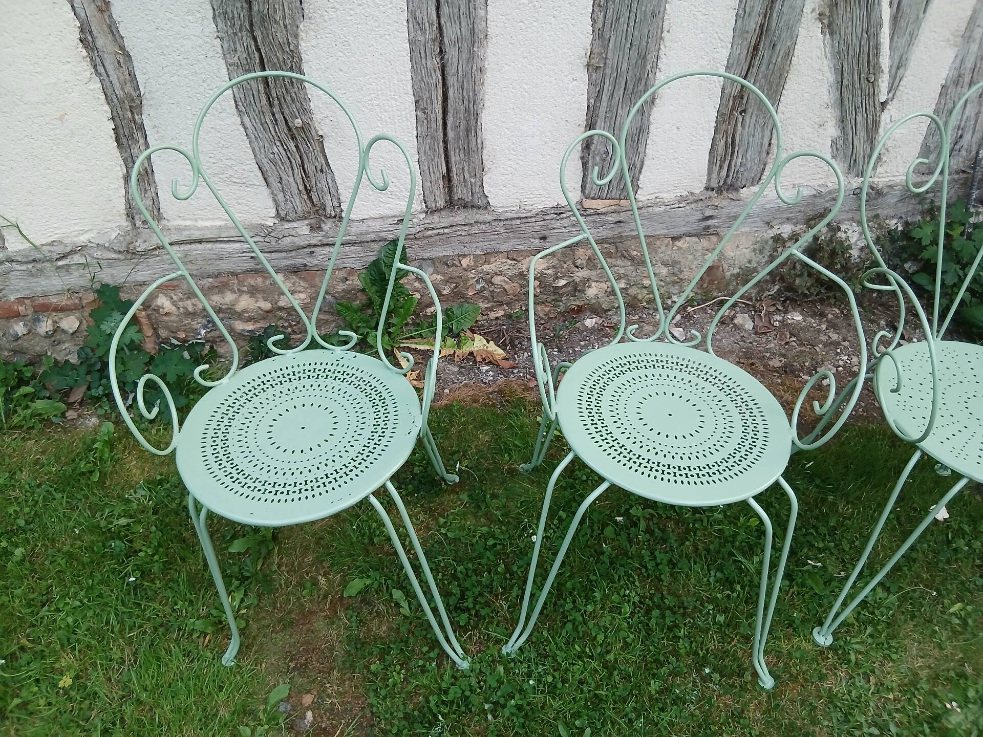 Salon de jardin 1 table 4 fauteuils fer forgé ancien vert Provence