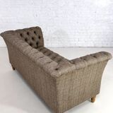 Canapé Chesterfield en cuir, tissu et bois
