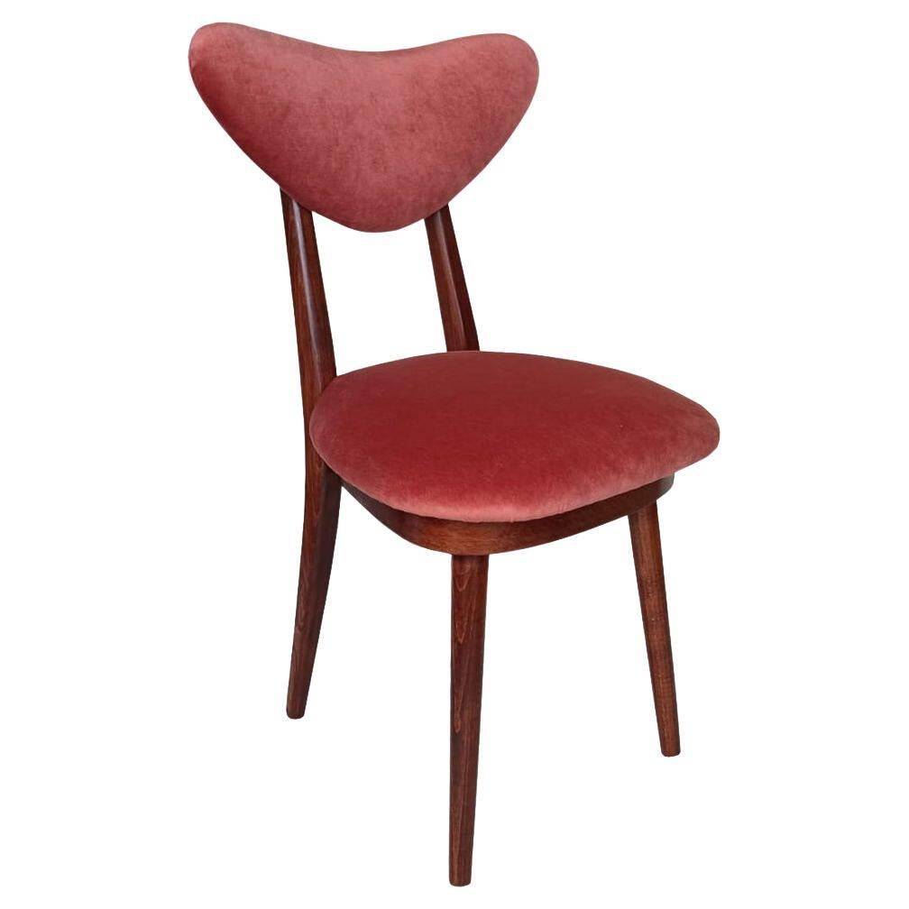 Mid-century orange rose velvet heart chair, walnut wood, Poland, 1960s.