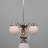 1930s Czechoslovak Art Deco nickel chandelier with rose opaline glass globes
