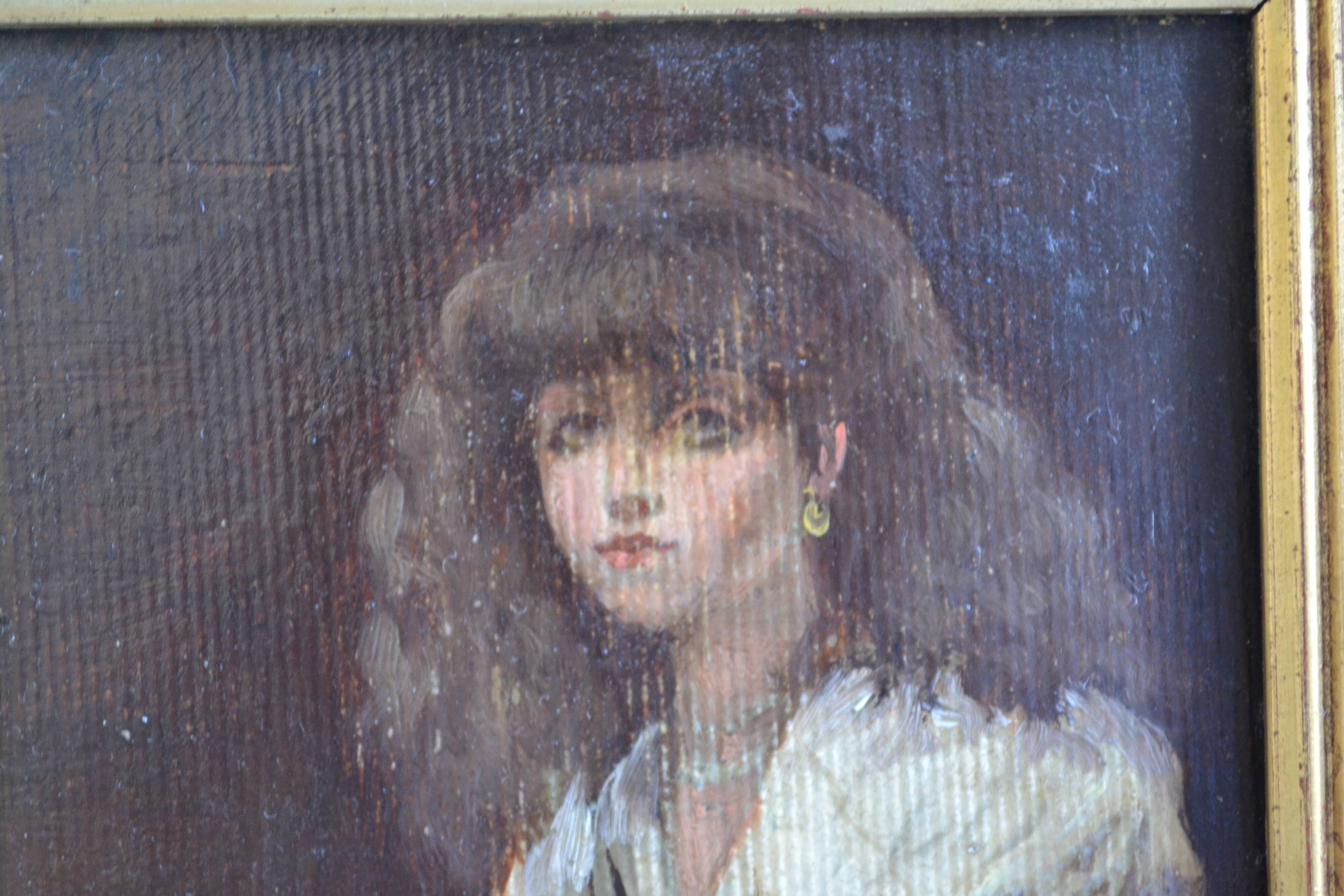 Young girl with tambourine Provence old painting HSP