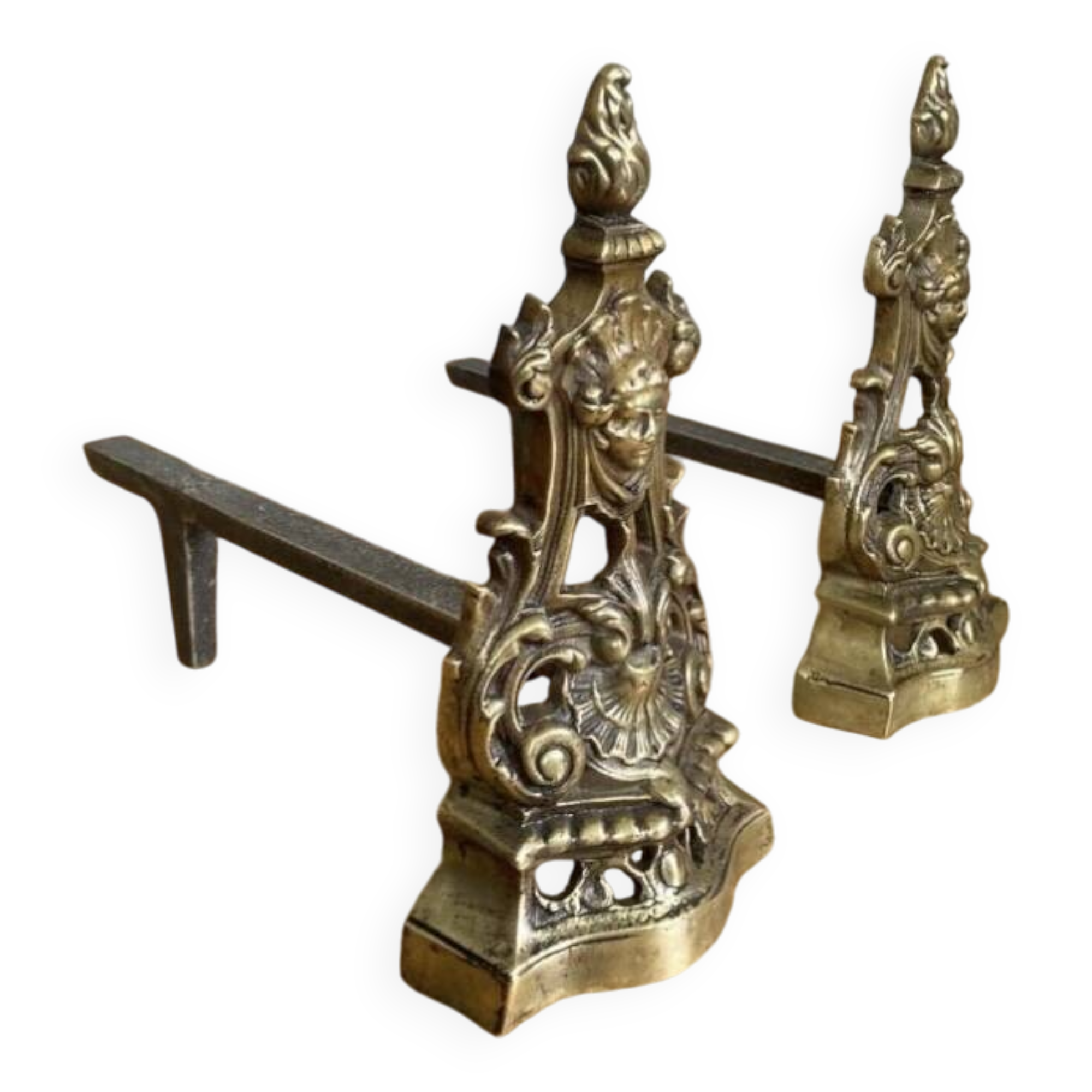 Pair of Louis XV andirons in solid bronze, early 20th century
