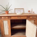 Buffet 3 portes vintage classique bois et raphia