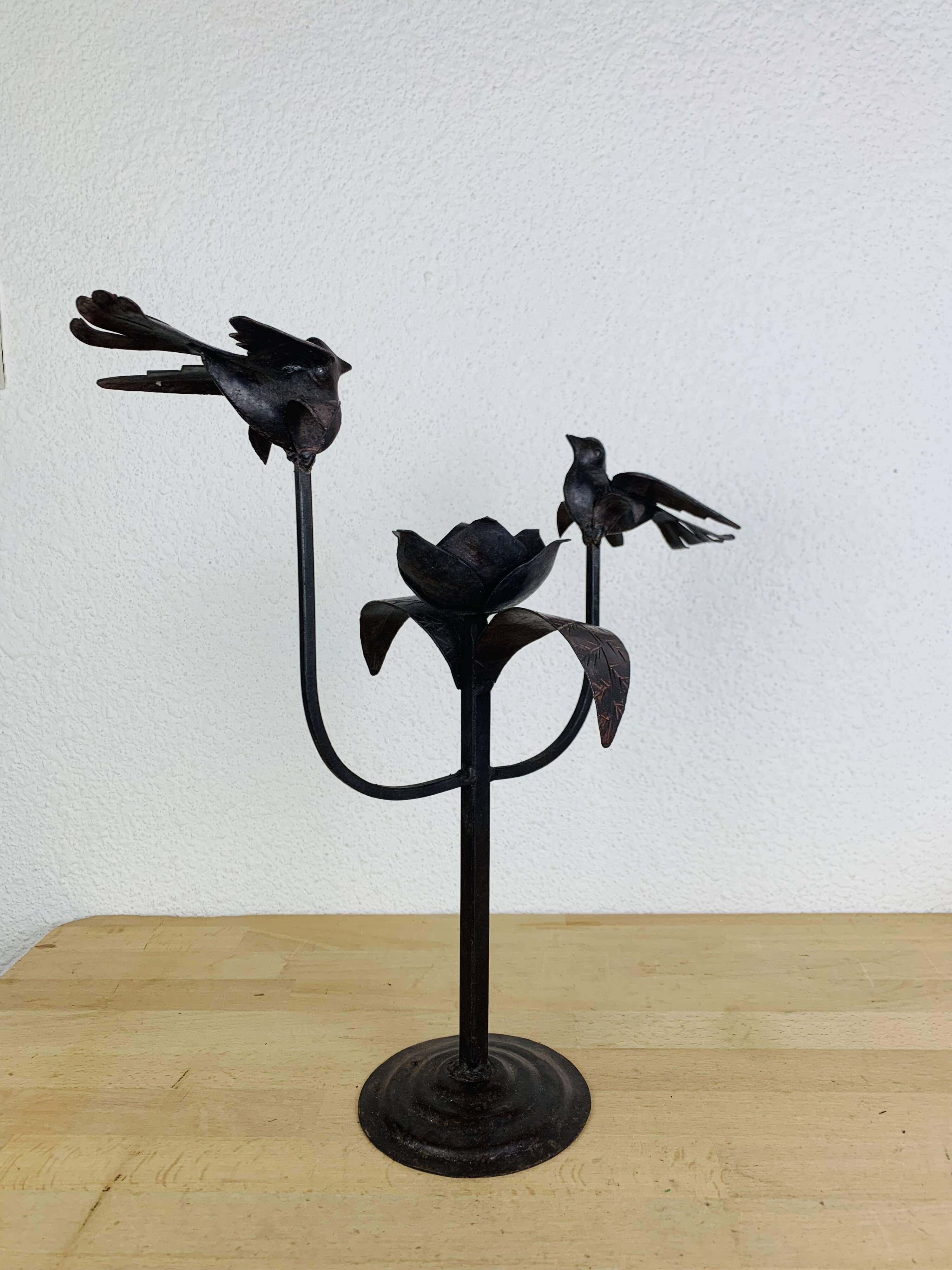 Brutalist wrought iron candle holder with birds