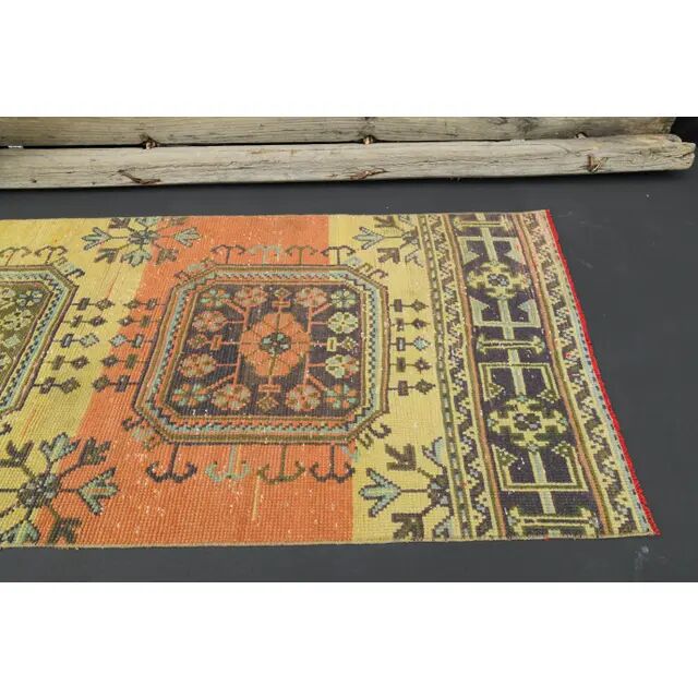 1970s Turkish Oushak Handmade Wool Cotton Yellow Runner 81x362