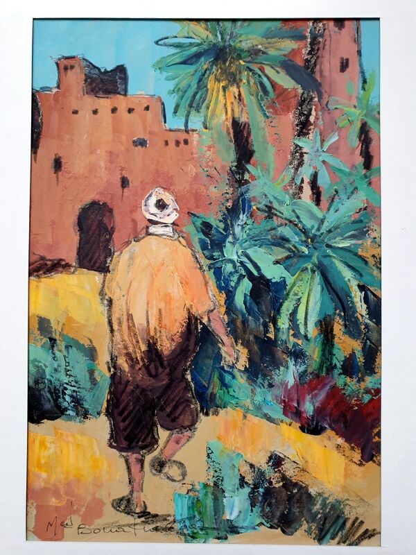 Gouache on paper, character in Morocco, Mohamed Bouafia