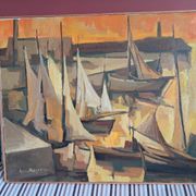 An old oil painting depicting a port, signed by the painter Marcel MAYER.