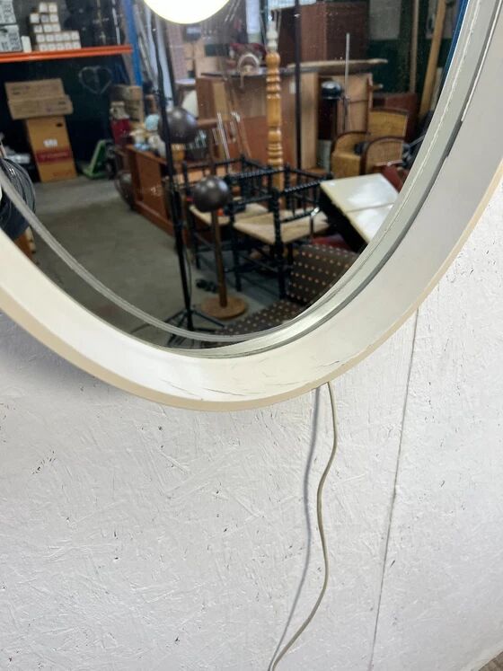 Vintage Oval Mirror with Lighting in Wooden Frame, Hillebrand Germany 1970s