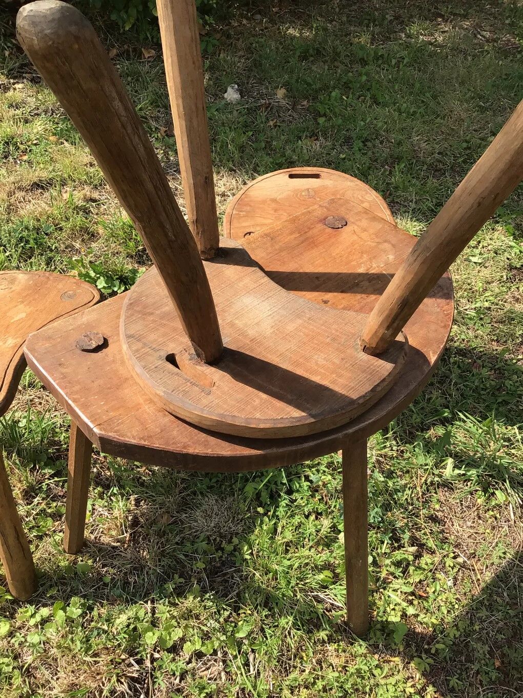 Brutalist wooden stool table set