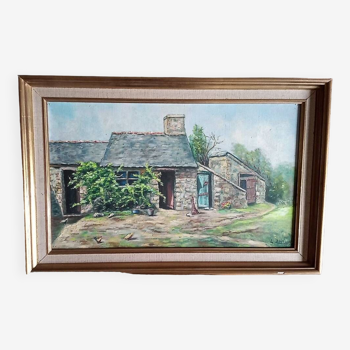 Huile sur toile - L Charrière daté 1956 - 29 x 49 cm - cour de ferme