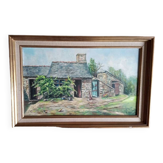 Huile sur toile - L Charrière daté 1956 - 29 x 49 cm - cour de ferme