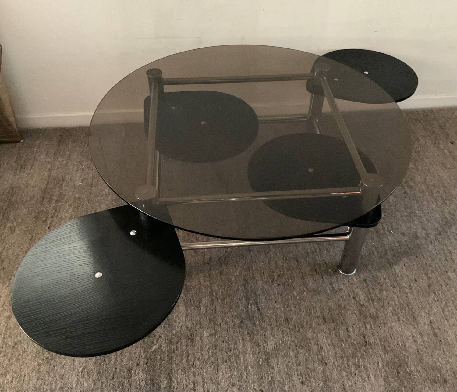 Vintage 1980s coffee table in smoked glass and chrome metal