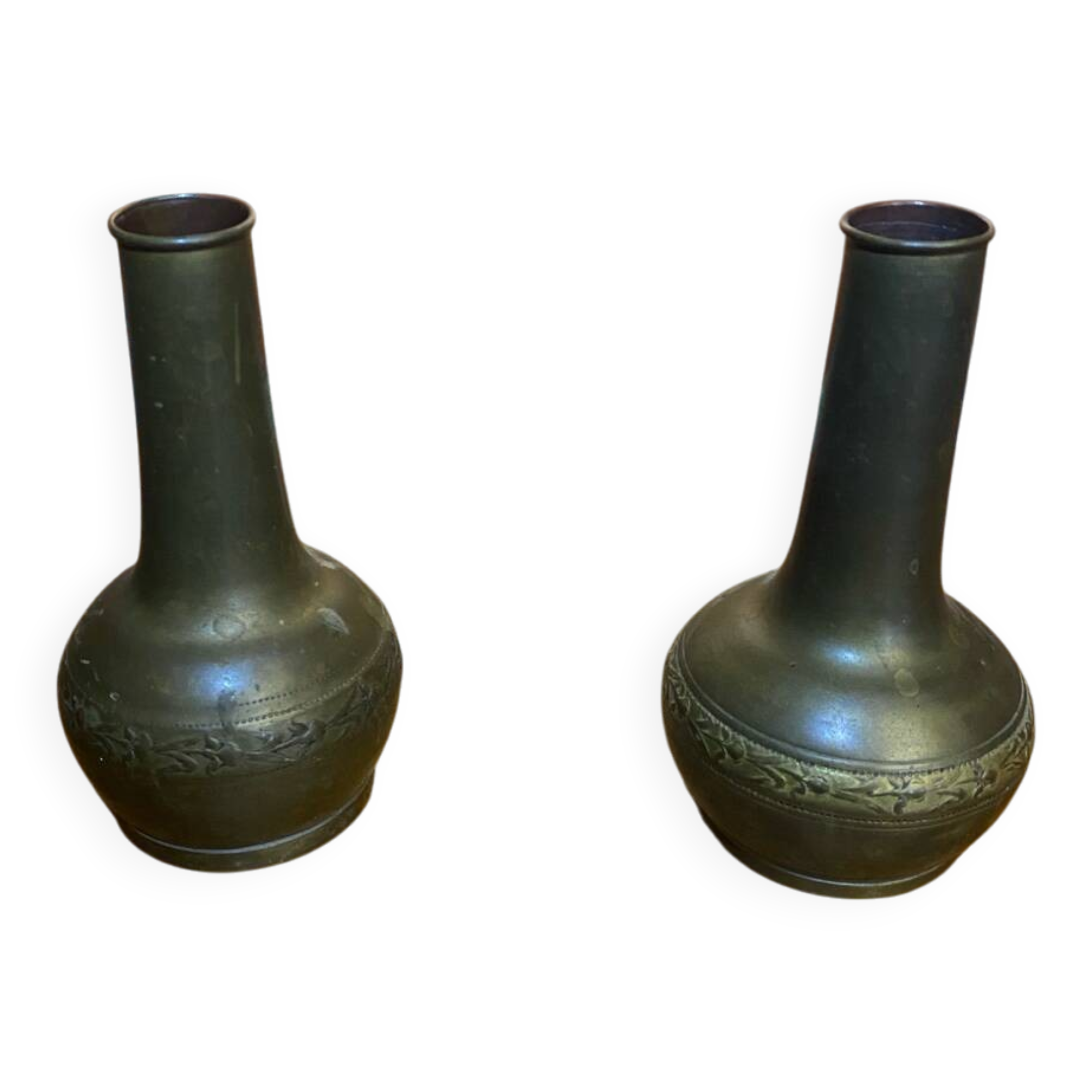 Pair of Antique Vintage Repoussé Brass Vases