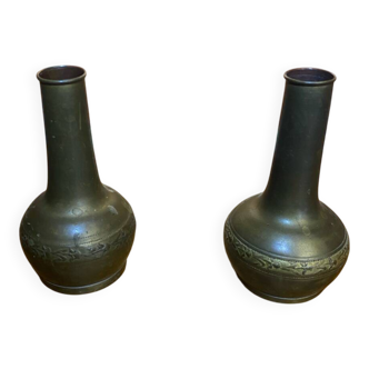 Pair of Antique Vintage Repoussé Brass Vases