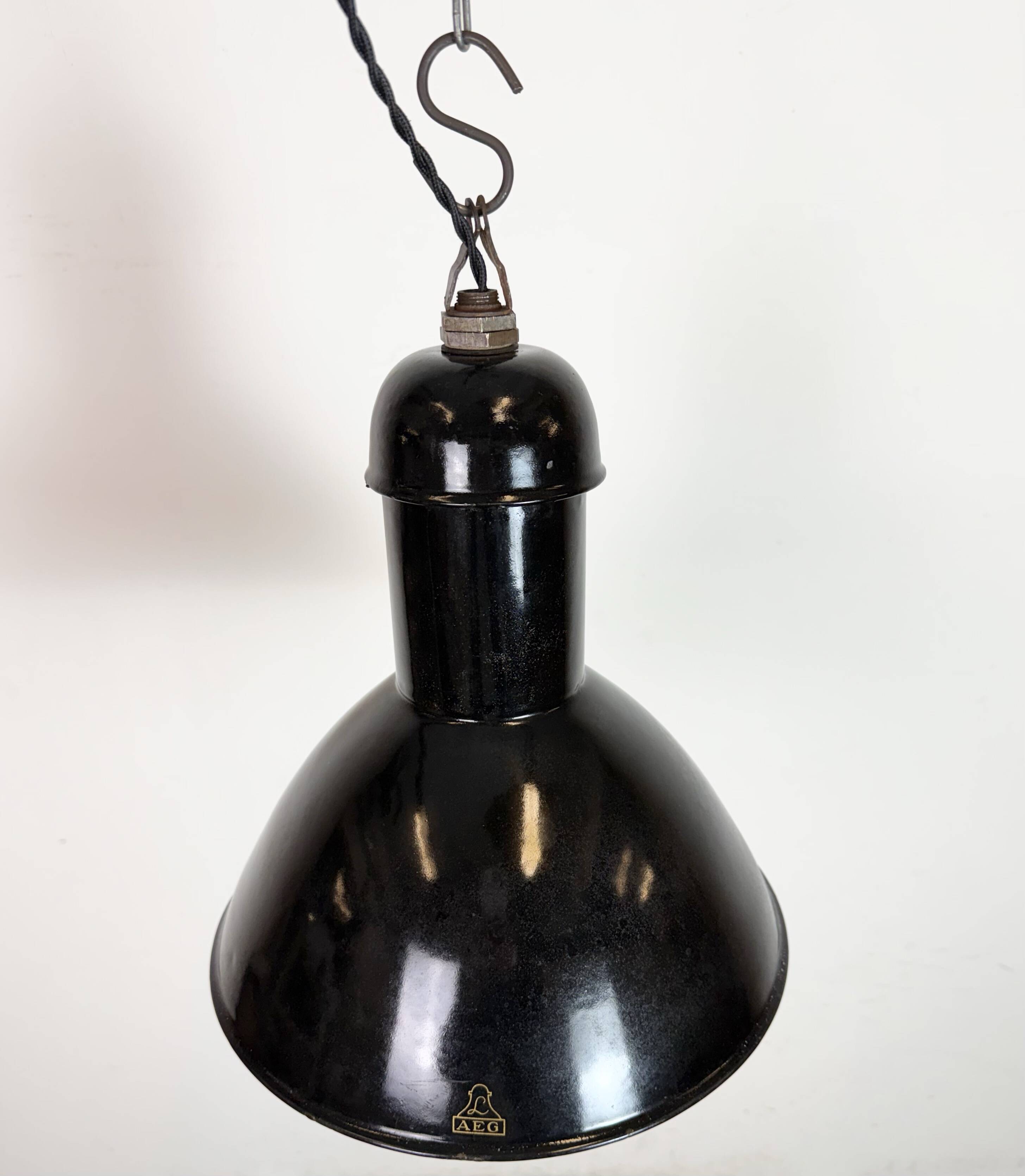 Black Enamel Industrial Pendant Lamp from AEG, 1930s