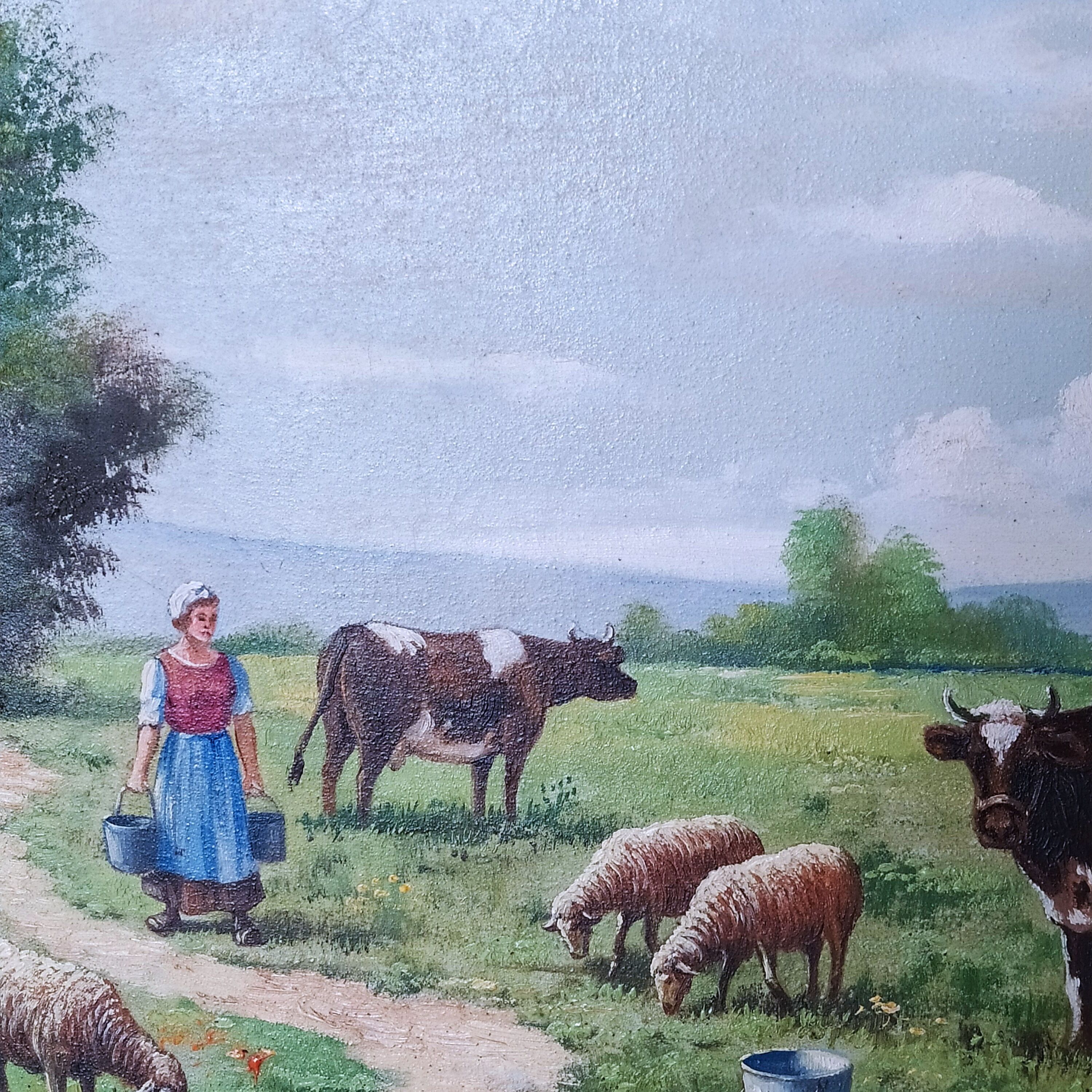 Tableau ancien 1950 la traite des vaches signee R Sarot