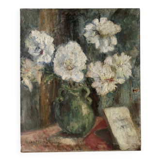 Painting, oil on canvas, flowers, signed Marcelle Anhoury, 1930s.