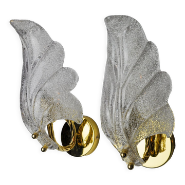 Pair of frosted leaf sconces, Murano glass, Italy, 1970