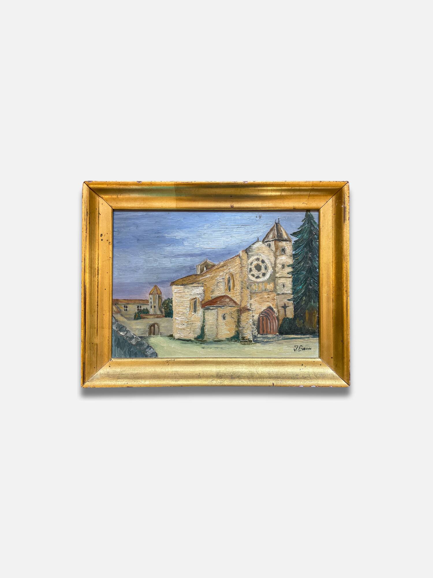 Old painting signed J. Guérin – Oil on wood – Historic abbey under ci