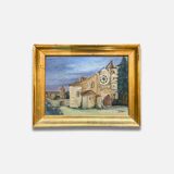 Old painting signed J. Guérin – Oil on wood – Historic abbey under ci