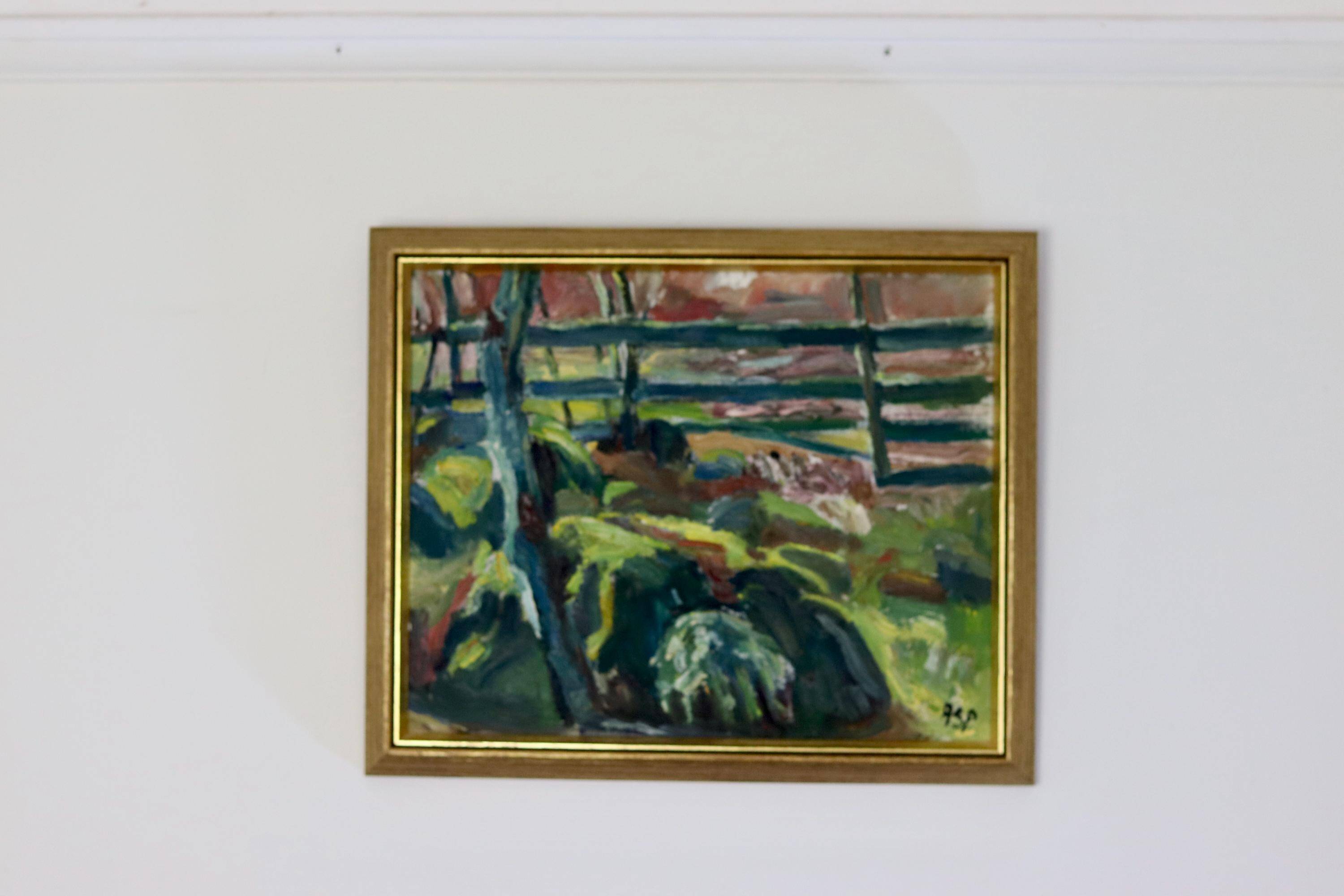 Original Swedish Mid-Century Oil on Canvas "By The Fence" by Gösta Asp (1907–1987)  - Vintage