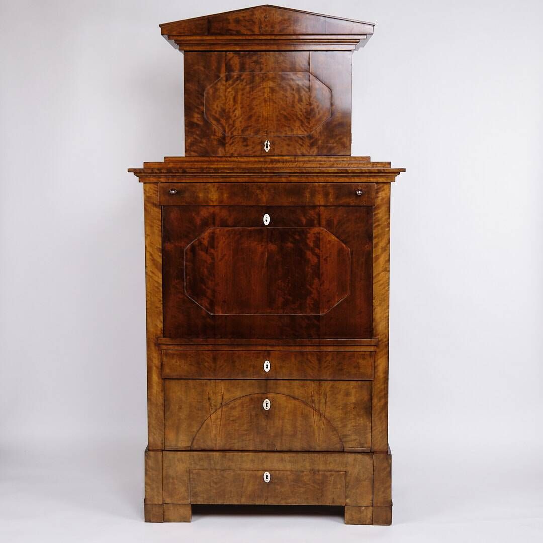 Secretary - Hand polished birch & intarsia - 2 drawers - 1840s