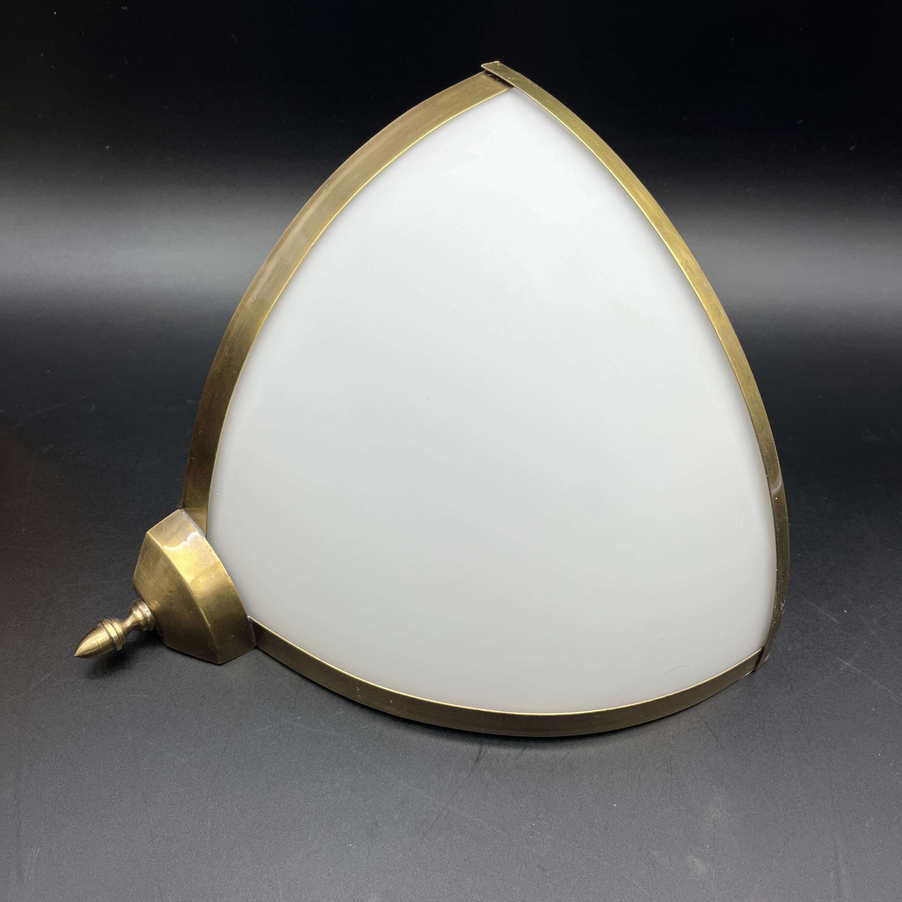 Pair of corner sconces in golden brass and matt opaline