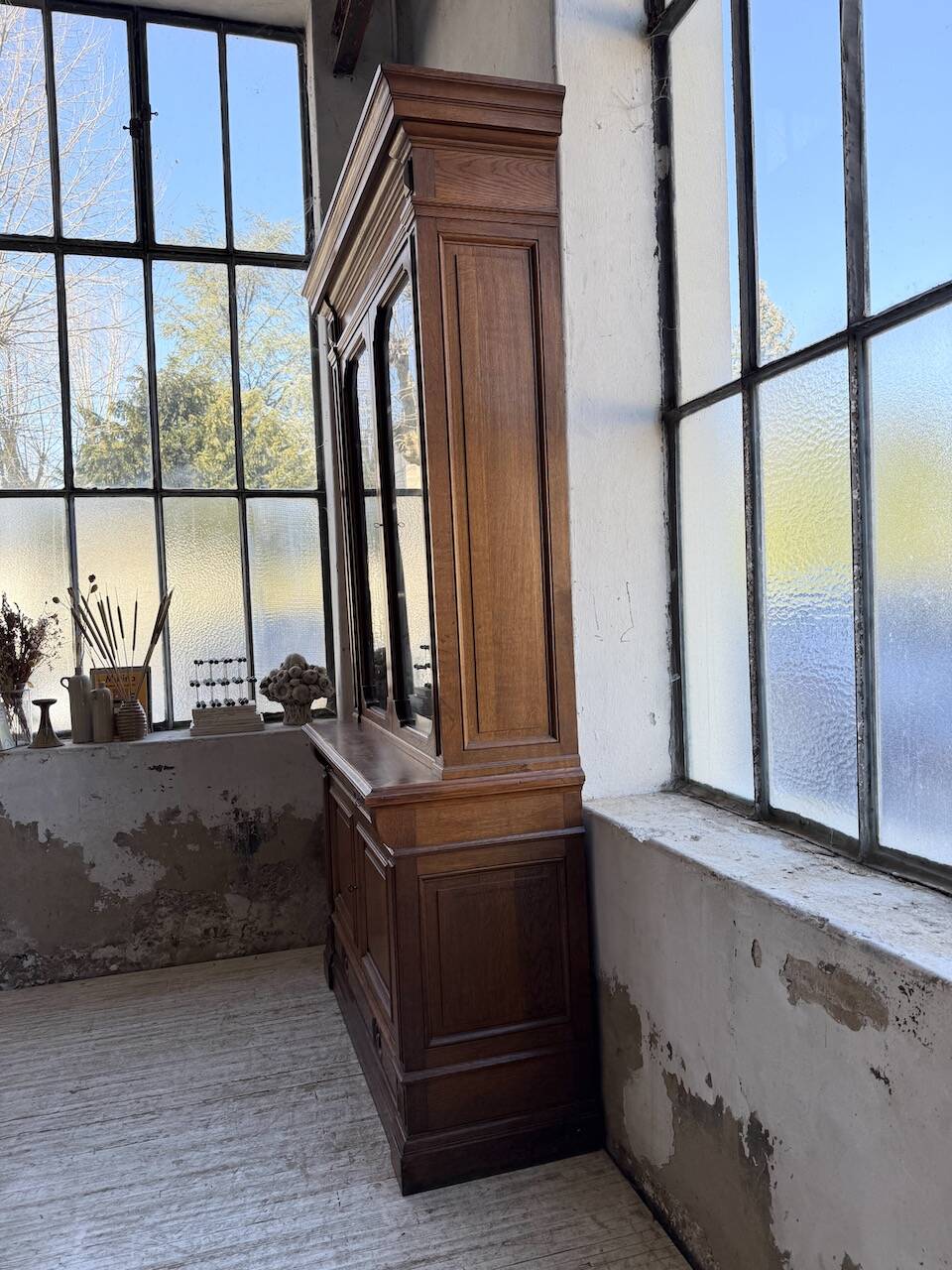 Antique XL Napoleonic oak glass bookcase, 19th century