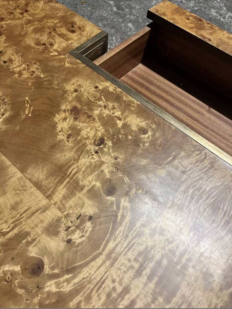 Elm burl coffee table with integrated drawers, Roche Bobois 1970