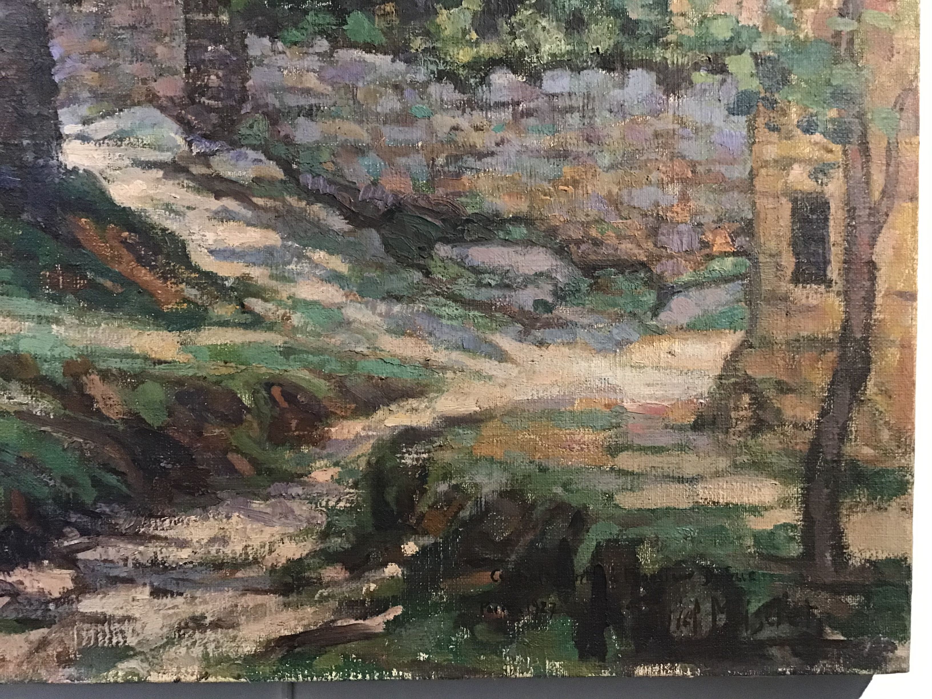 Ancient landscape painting of Auvergne , signed Gabriel Moiselet 20th century