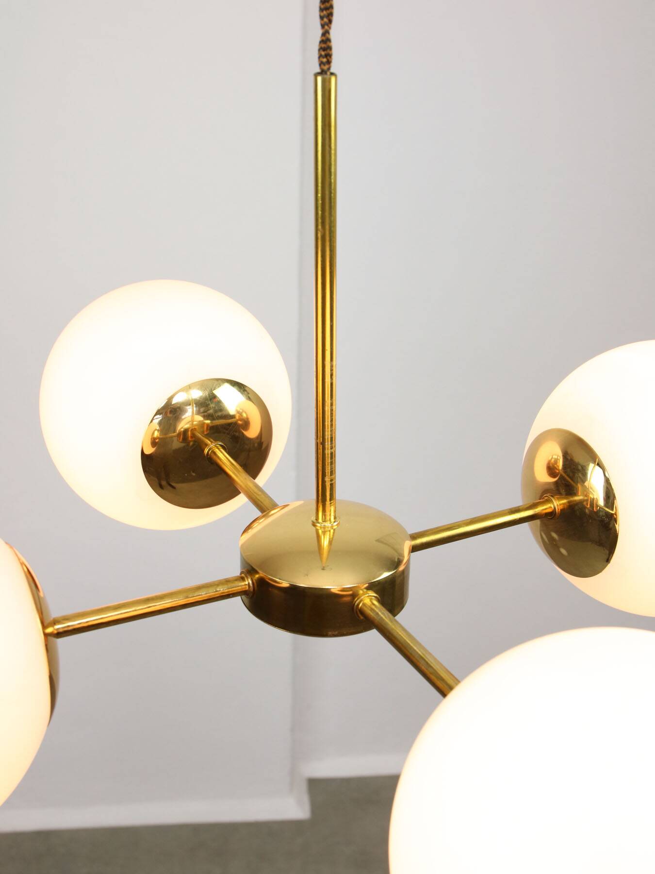 Italian Mid Century Golden Sputnik Chandelier with Opaline Shades, 1960s