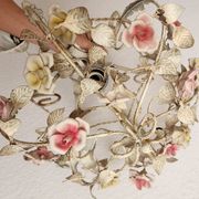 Hand-forged vintage pendant lamp with porcelain roses, Denz Neheim Hüsten