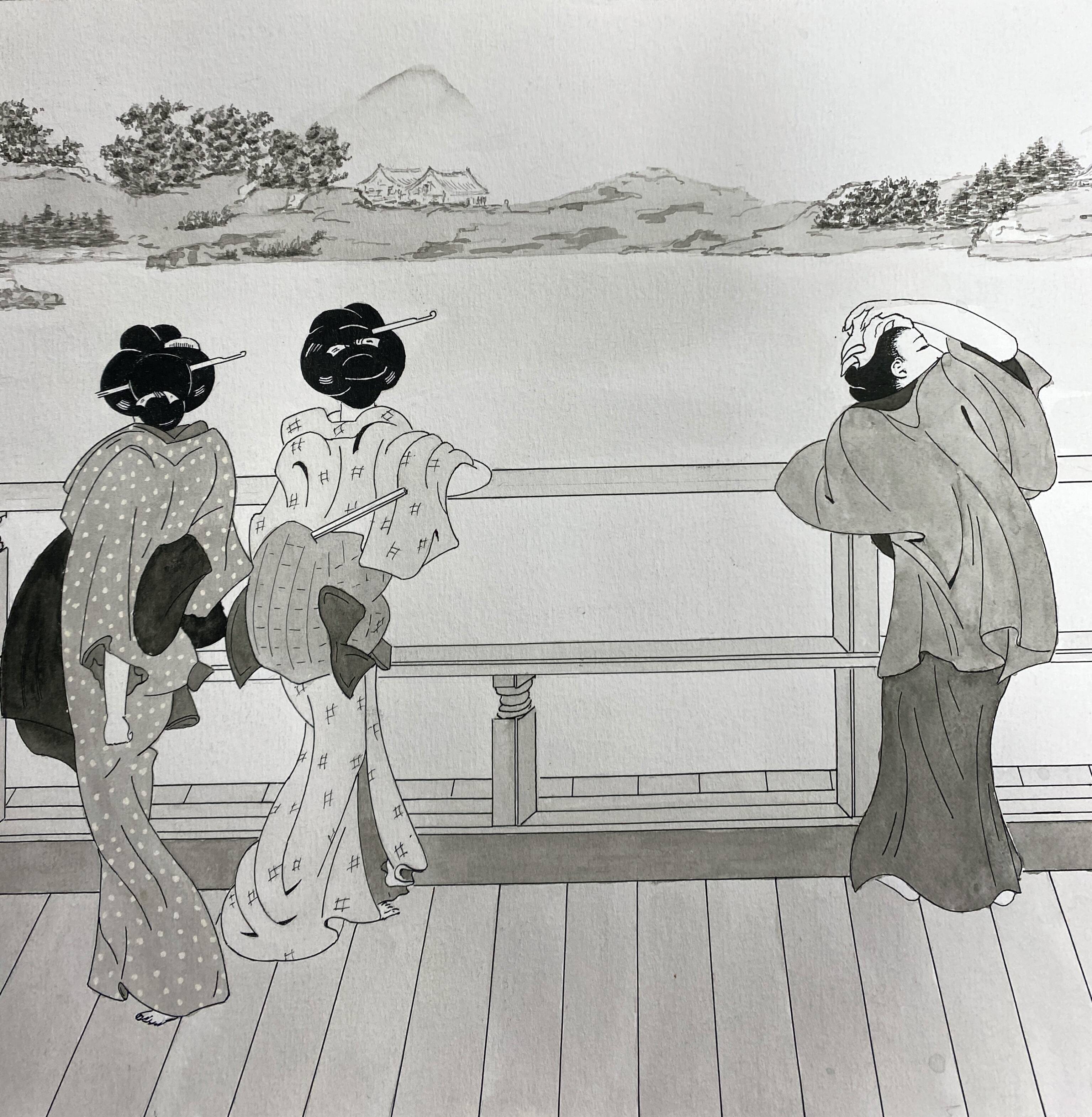 Two original ink and watercolor drawings signed Asia