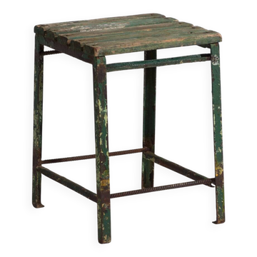 Vintage industrial stool made of pine wood and iron – Central Europe, around 1950