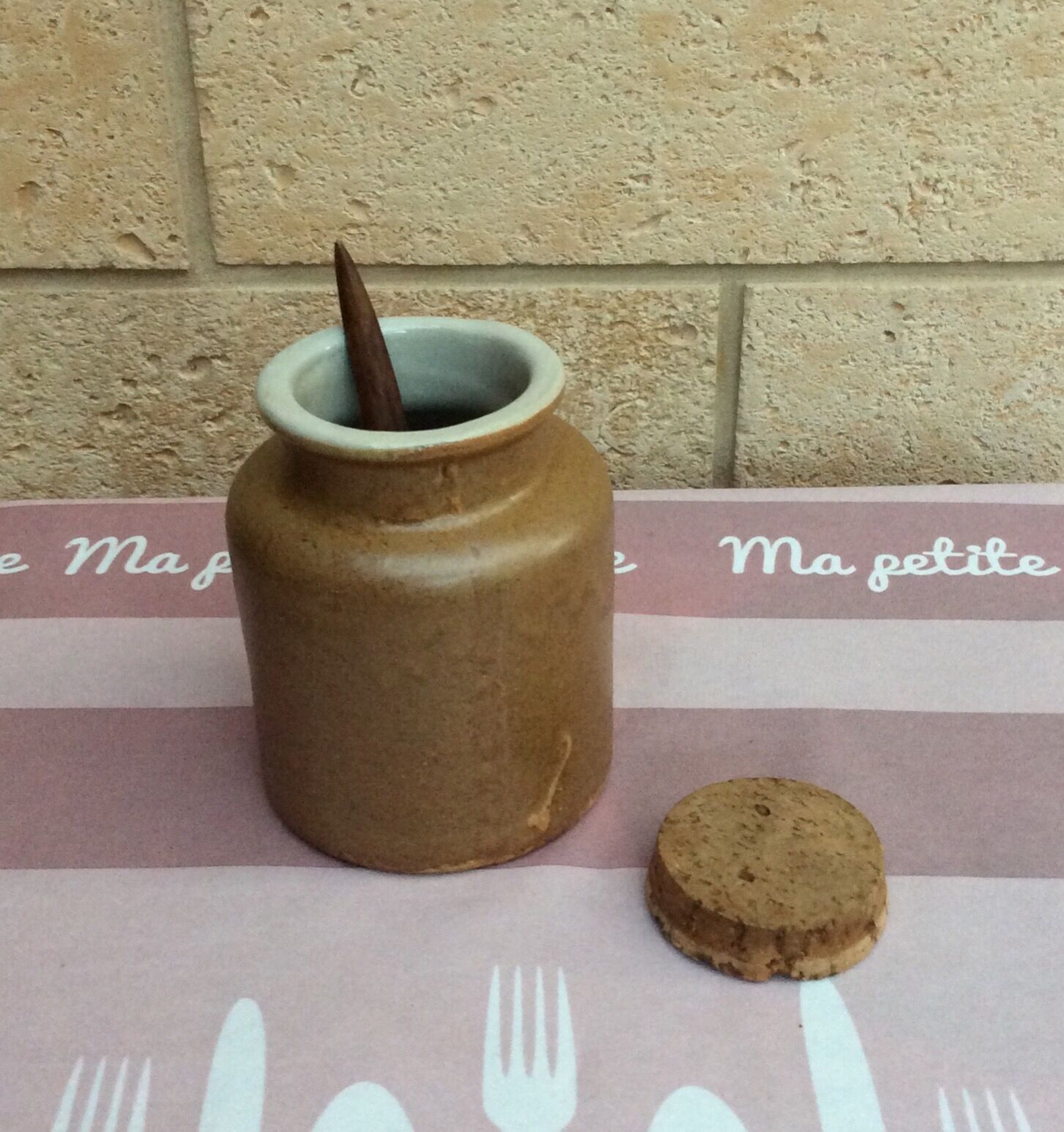 Sandstone mustard pot with cork and olive wood spoon - vintage