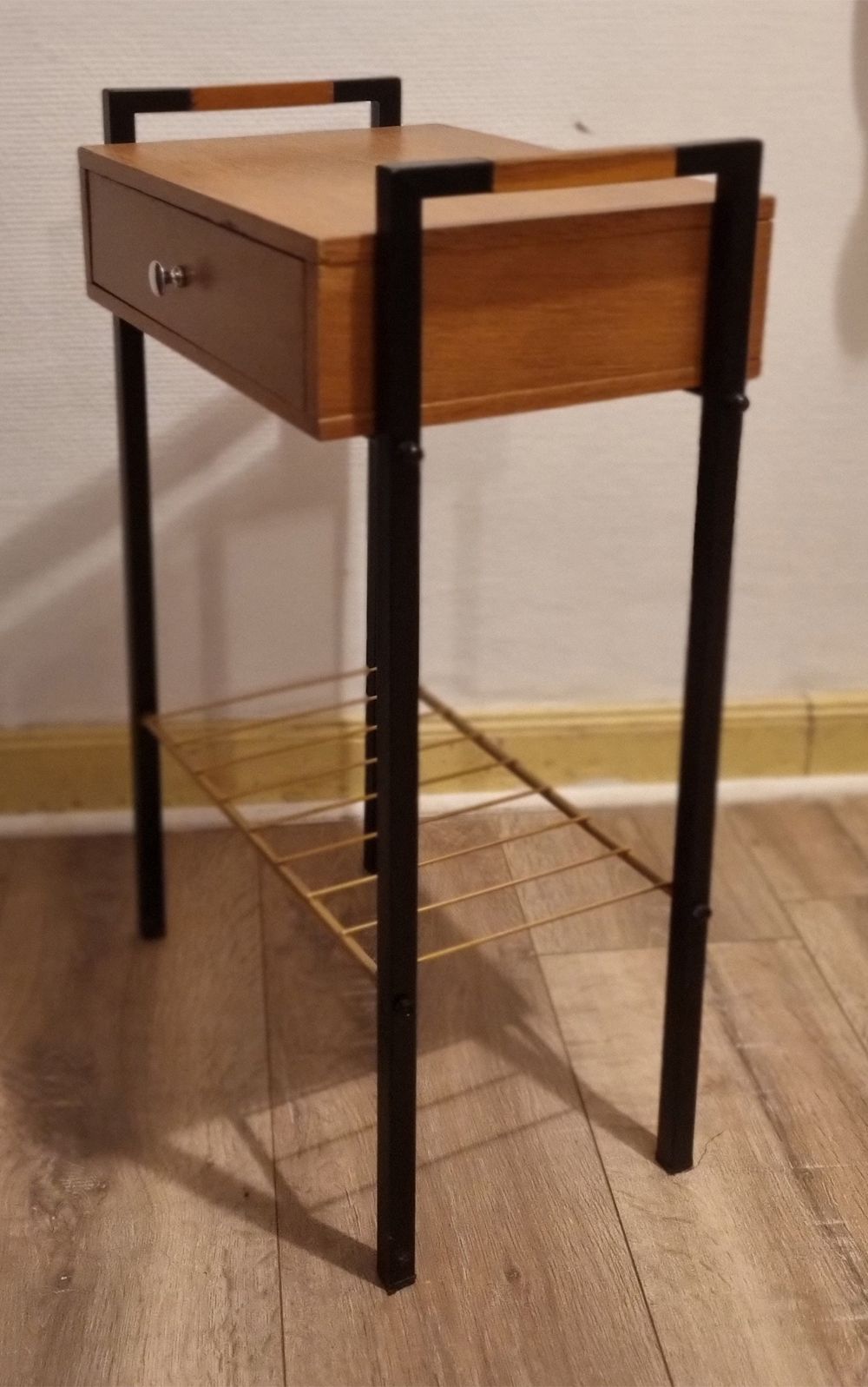 Bedside table, wood and metal, vintage, 60s