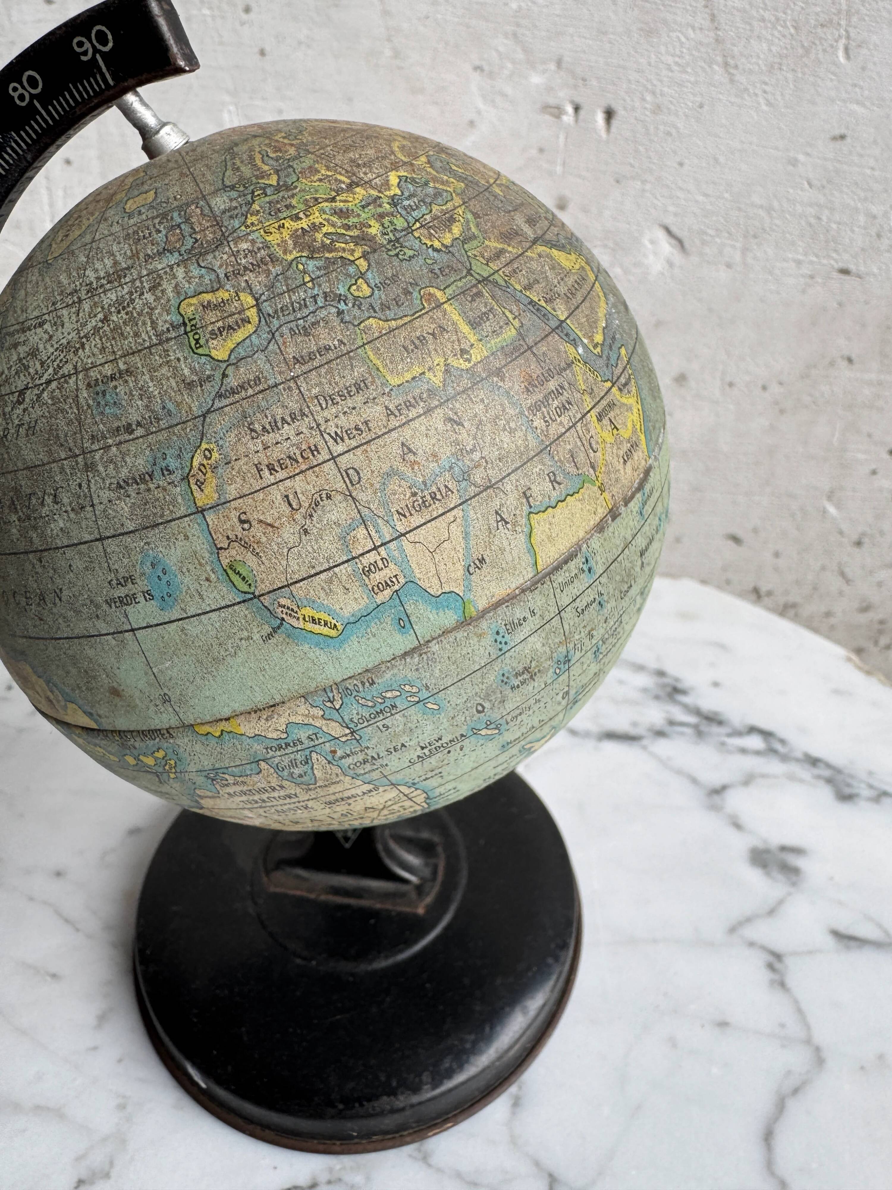 Miniature Green Paper-Covered Globe with Metal Base and Meridian — Made in England