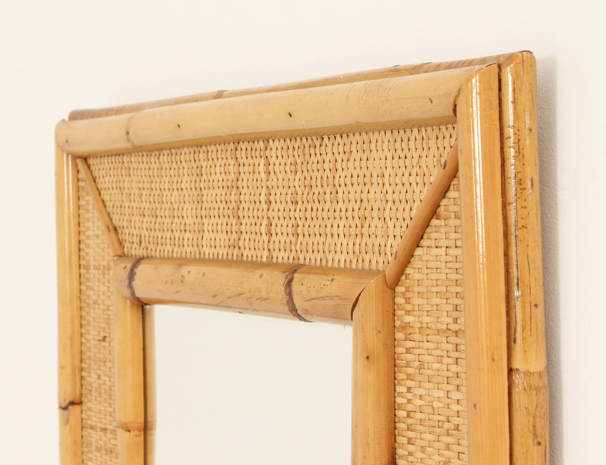 1970s wall mirror in rattan and cane, Spain